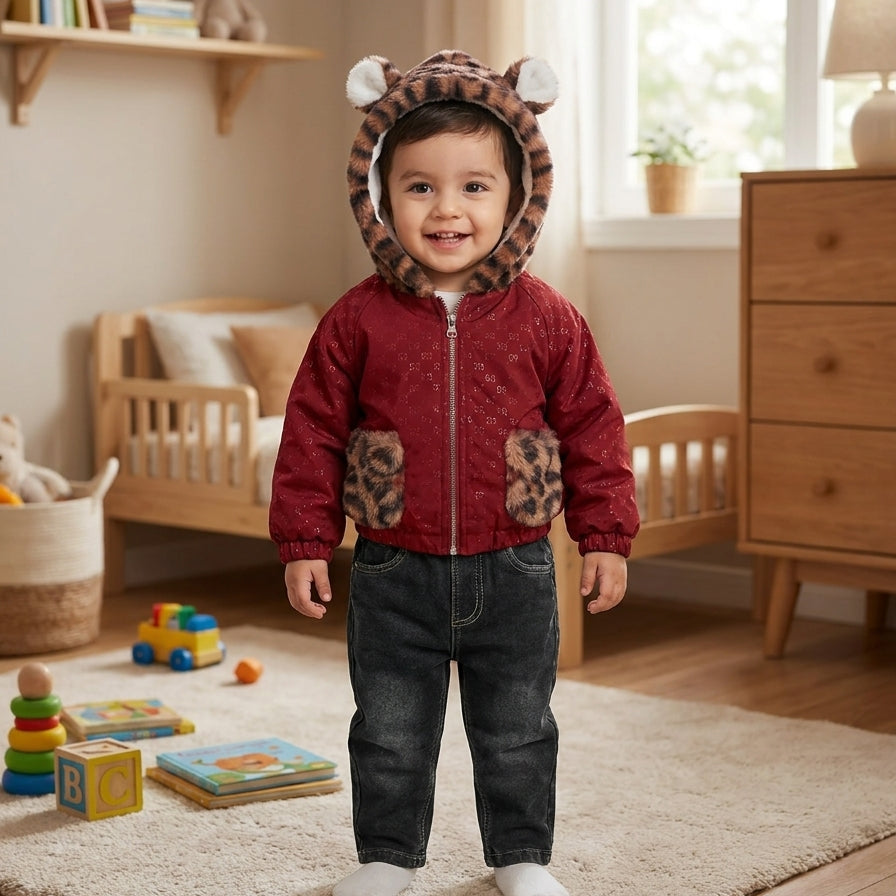 Stylish Navy Blue Animal Hooded Jacket With Denim Pants Winter Outfit For Boys