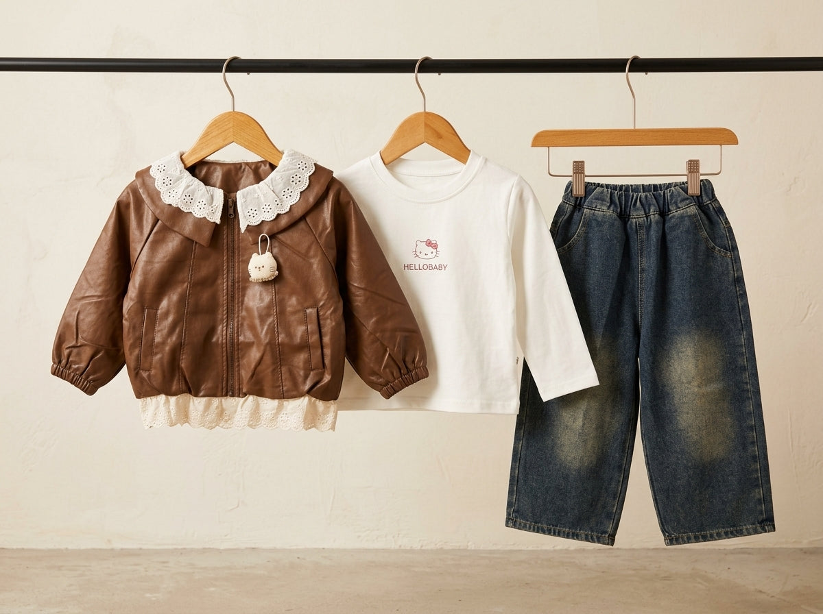 Stylish Kids Three Piece Outfit Set With Leather Jacket Shirt And Denim Jeans
