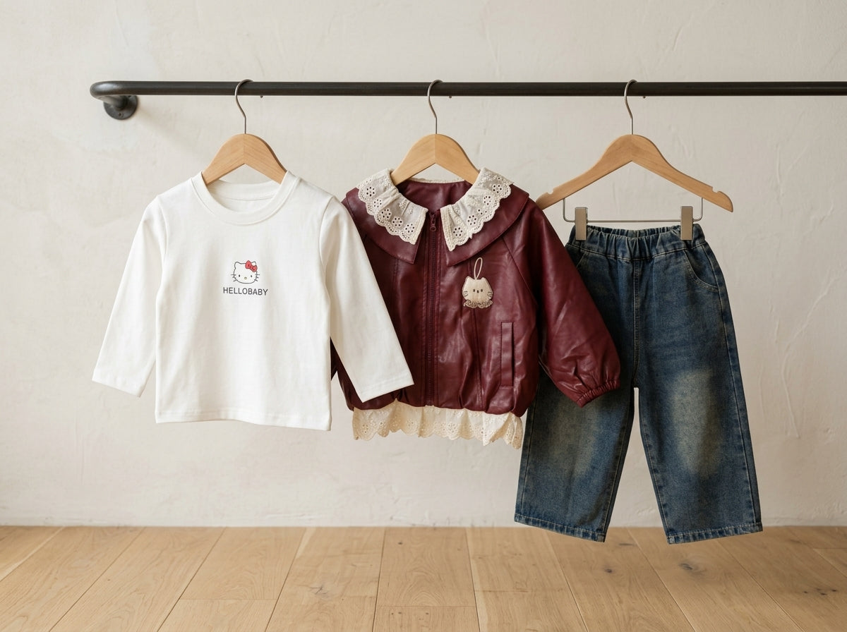 Stylish Kids Three Piece Outfit Set With Leather Jacket Shirt And Denim Jeans