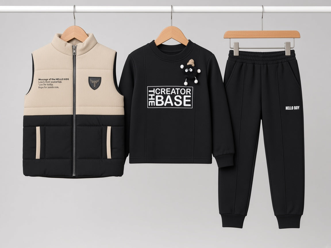 Kids Winter 3-Piece Sleeveless Vest Jacket Sweatshirt And Joggers Tracksuit Set
