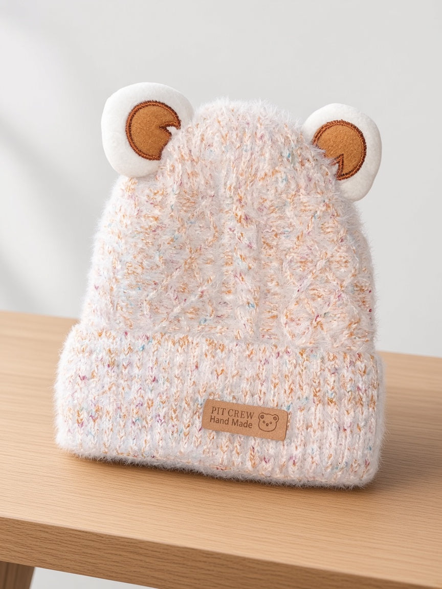 Kids Winter Fluffy Knit Beanie Hat With Bear Ears And Hand Made Patch