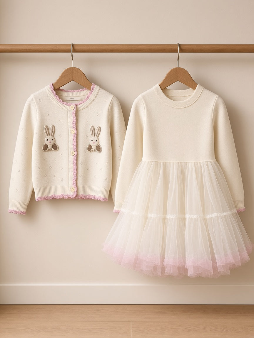 Stylish Kids Two Piece Bunny Embroidered Dress And Cardigan Winter Outfit Set
