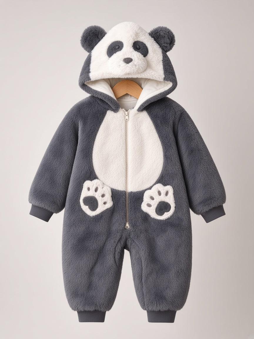 Baby Winter Cute Animal Panda Fleece Hooded Romper Jumpsuit Pajamas Onesie