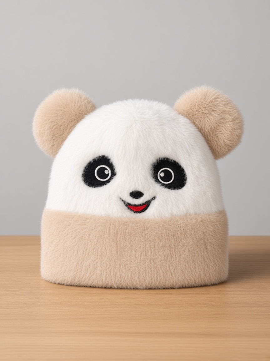 Kids Winter Cute Fluffy Plush Panda Beanie Hat With 3D Ears And Folded Cuff