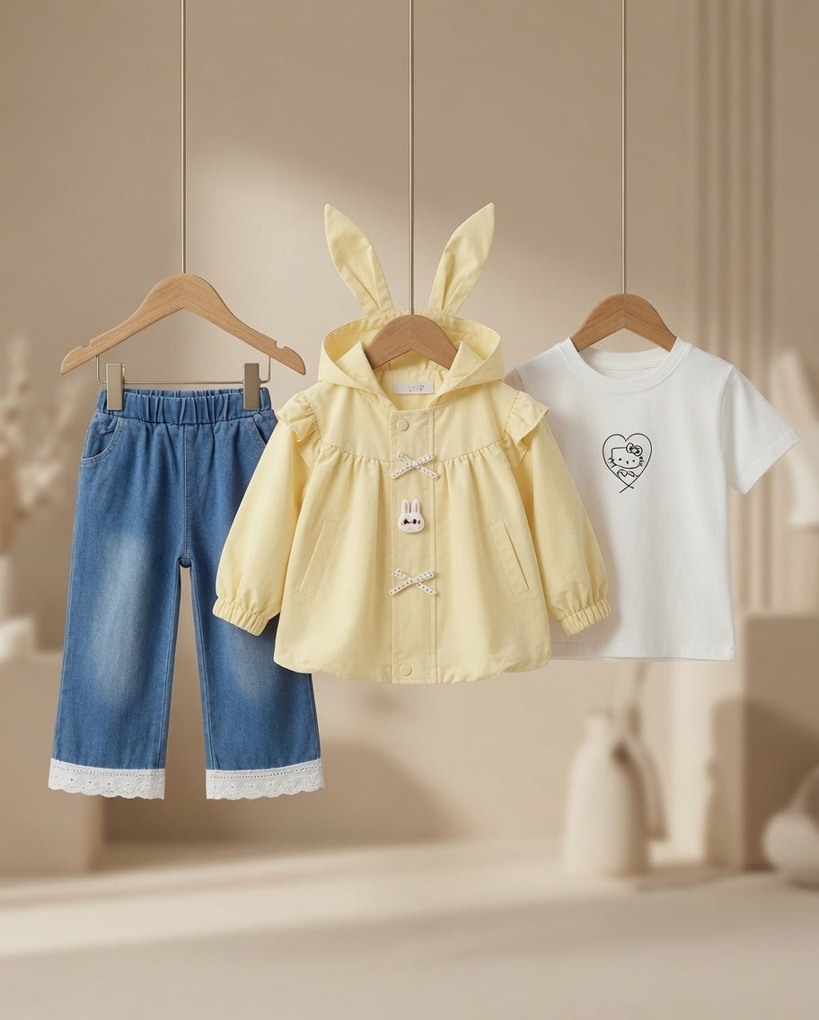 Cute Rabbit Ear Hooded Jacket Three Piece Kids Clothing Set for Stylish Girls