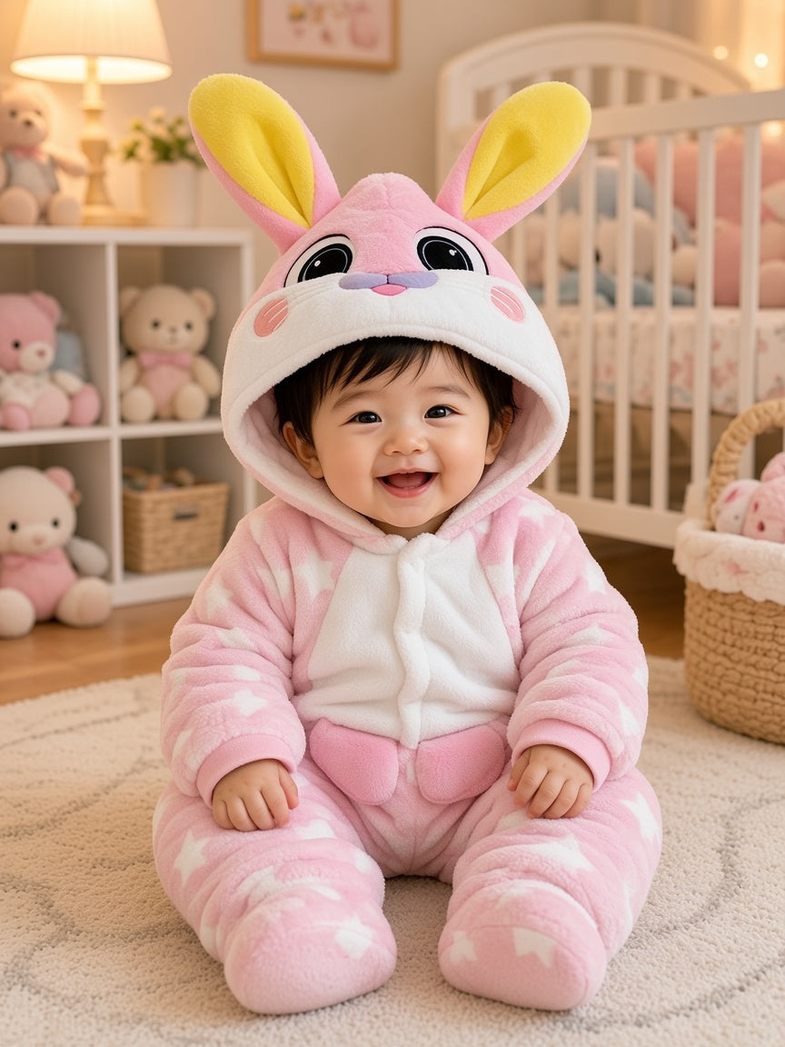 Cute Bunny Ear Hooded Fleece Baby Romper Star Pattern Winter Warm Jumpsuit Outfit