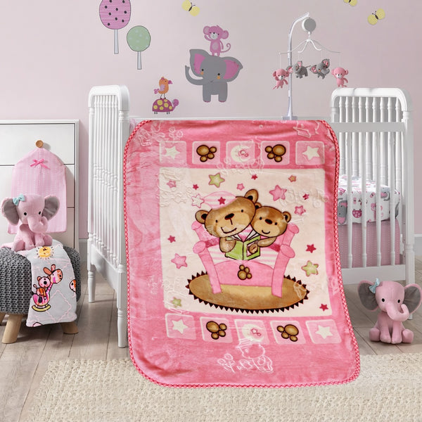 Cute Pink Teddy Bears Reading Print Soft Flannel Baby Blanket For Nursery Bedding