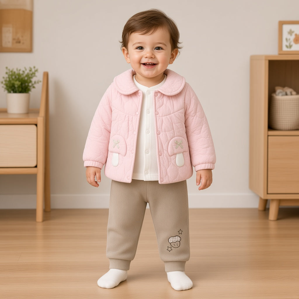 Baby Winter 3-Piece Quilted Mushroom Pocket Jacket White Inner Shirt And Trousers Set
