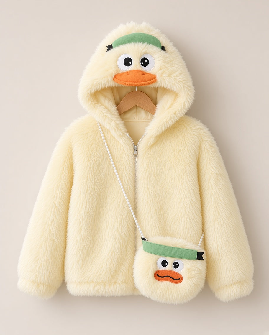 Cute Fluffy Duck Hooded Winter Jacket With Matching Purse For Kids