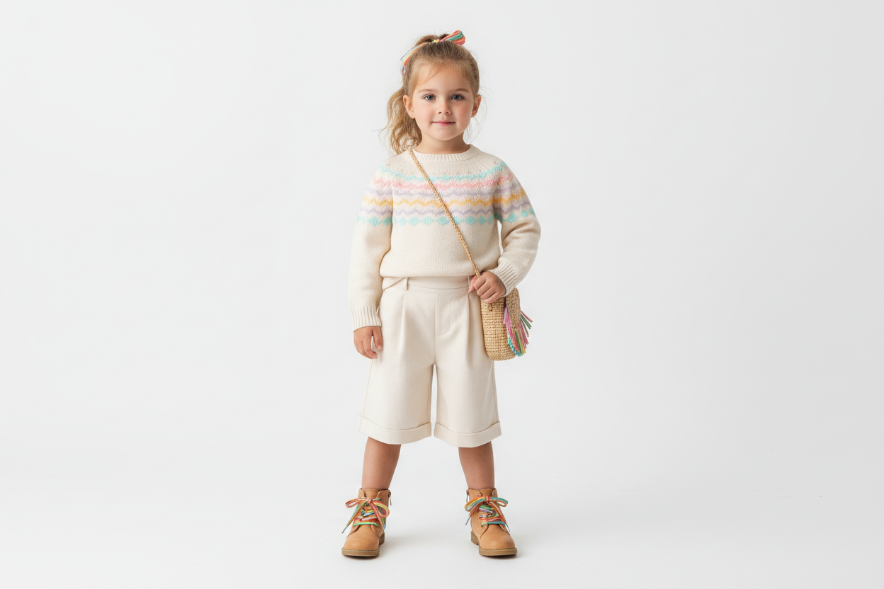 a girl kid having pair of clothes with shoes in white background in 4k