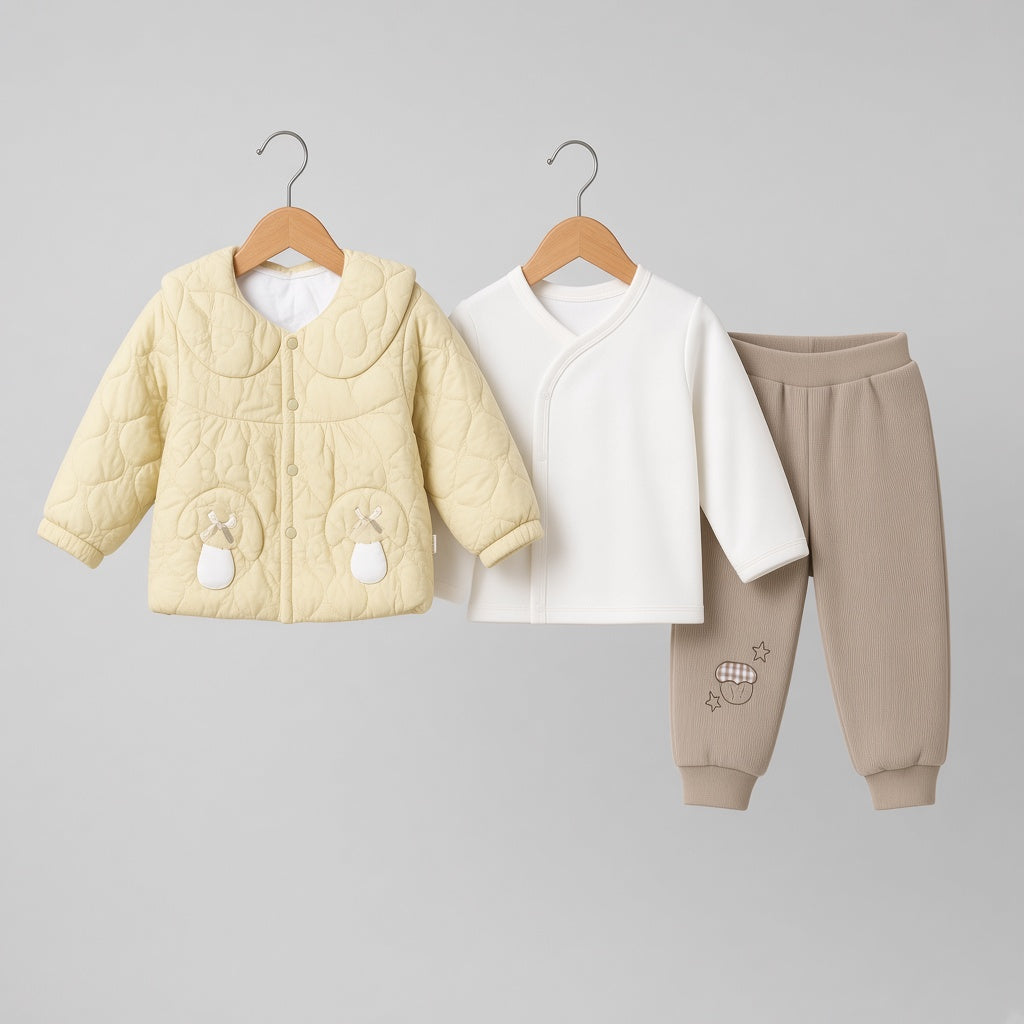 Baby Winter 3-Piece Quilted Mushroom Pocket Jacket White Inner Shirt And Trousers Set