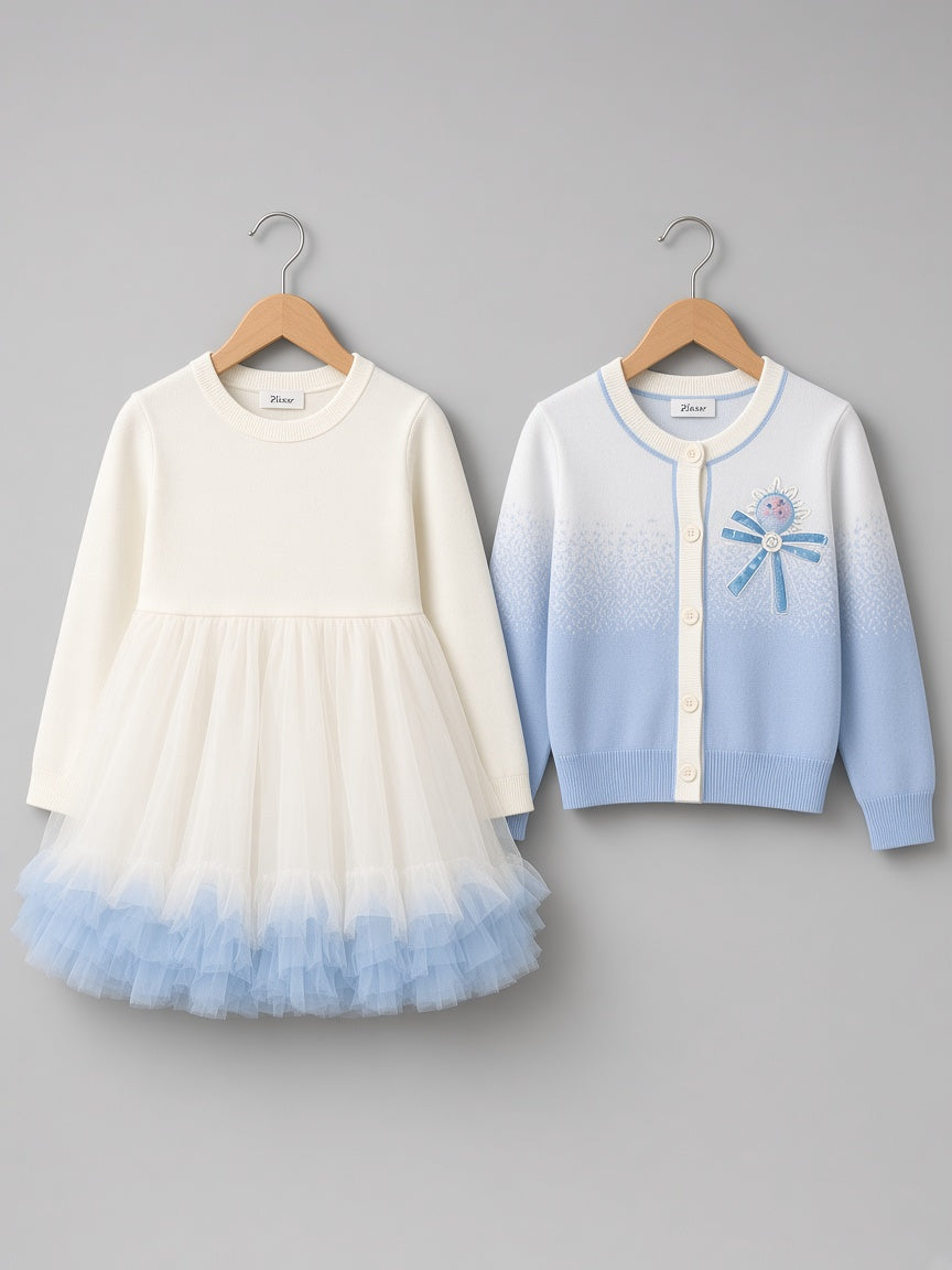 Stylish Kids Two Piece Tulle Dress And Ombre Cardigan Winter Outfit Set