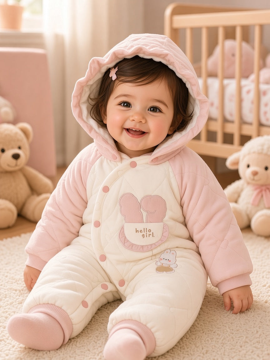Cute Hello Girl Bunny Quilted Hooded Baby Romper Warm Winter Cotton Jumpsuit Outfit