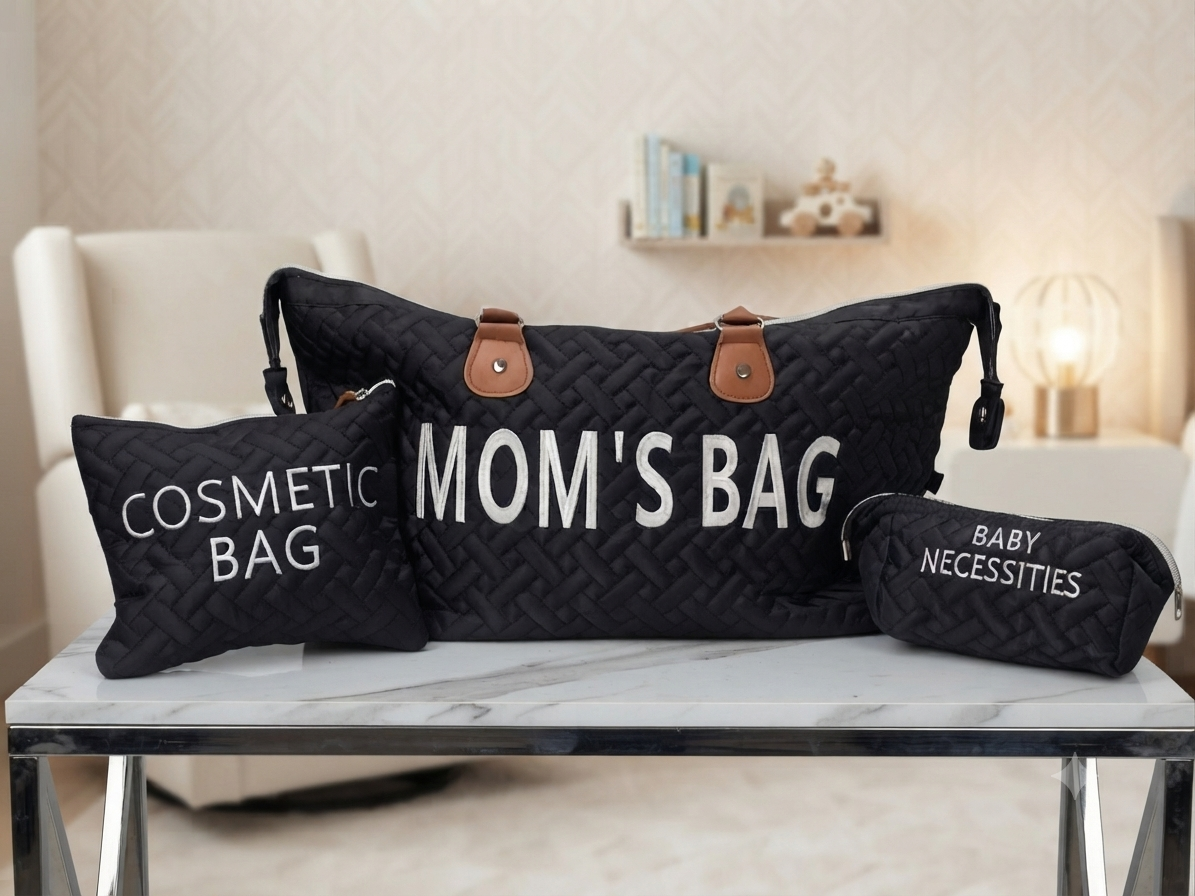 3 Piece Quilted Mom Bag Set Large Capacity Diaper Bag Cosmetic Pouch Baby Essentials
