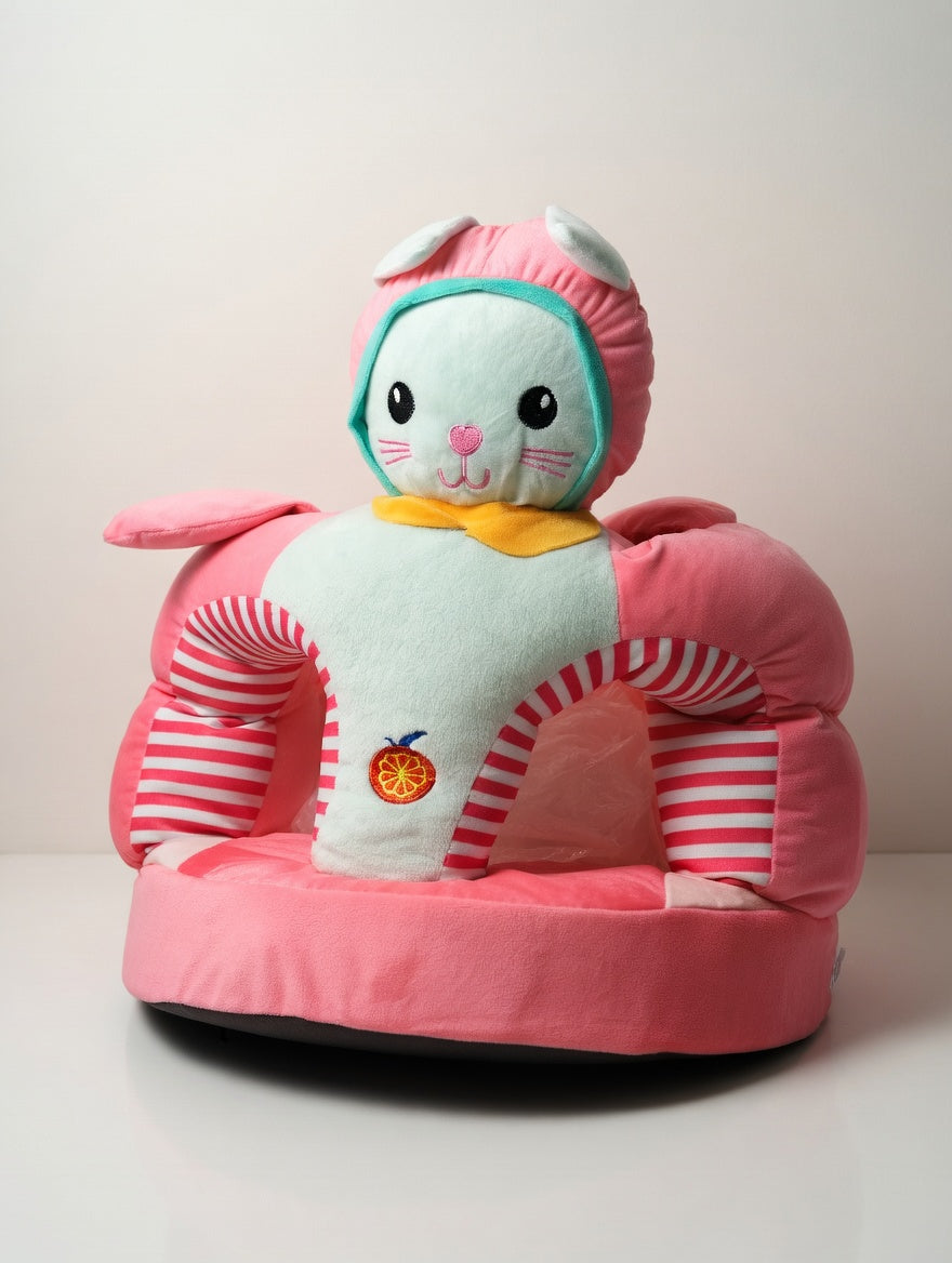 Adorable Pink Bunny Plush Baby Floor Seat with Striped Supports for Infants Soft and Plushy