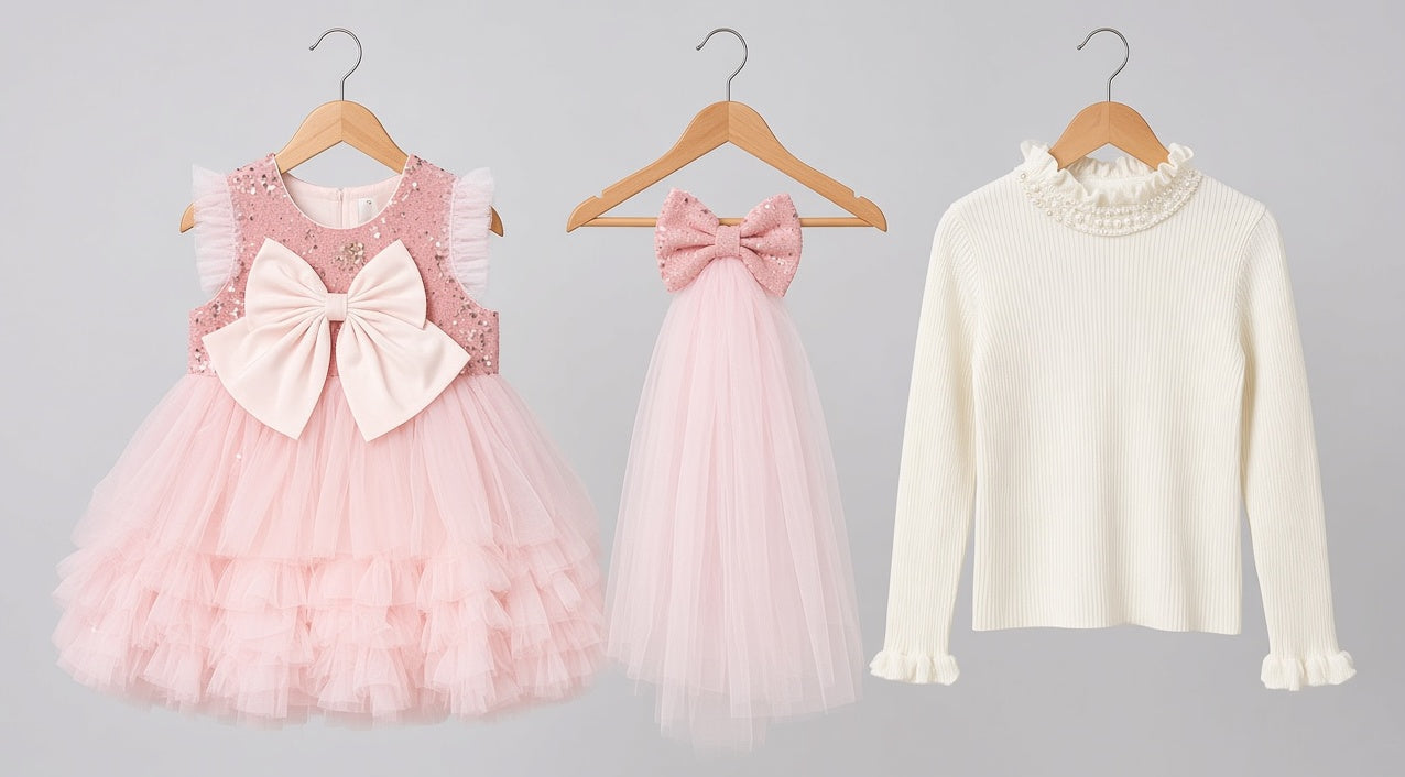 Stylish Kids Three Piece Sequin Tulle Party Dress And Ruffle Top Set