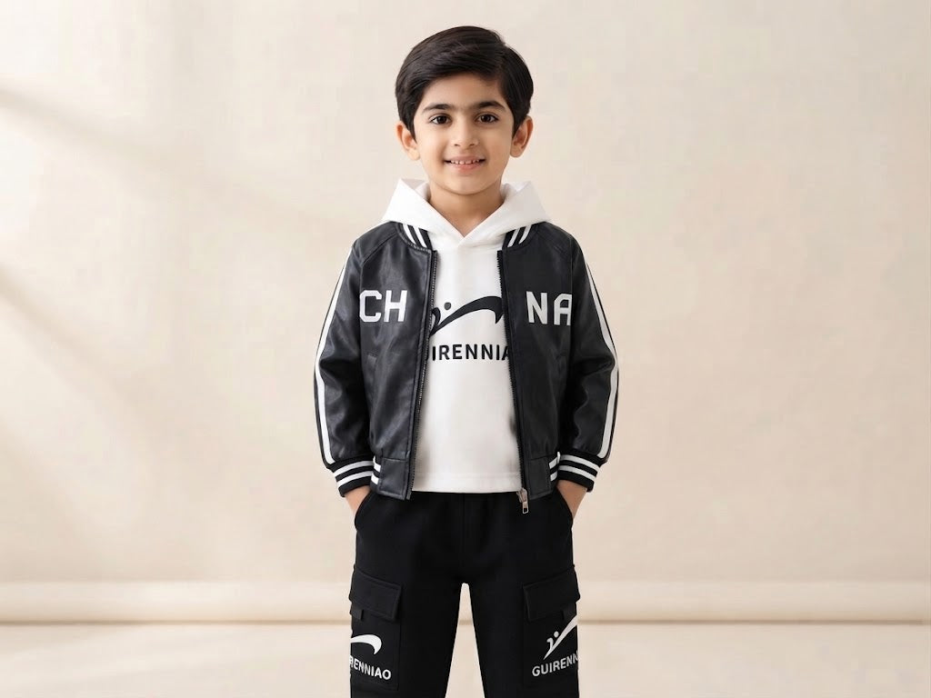 Kids Brand Logo Printed Leather Bomber Jacket Hoodie And Cargo Trouser 3 Piece Outfit