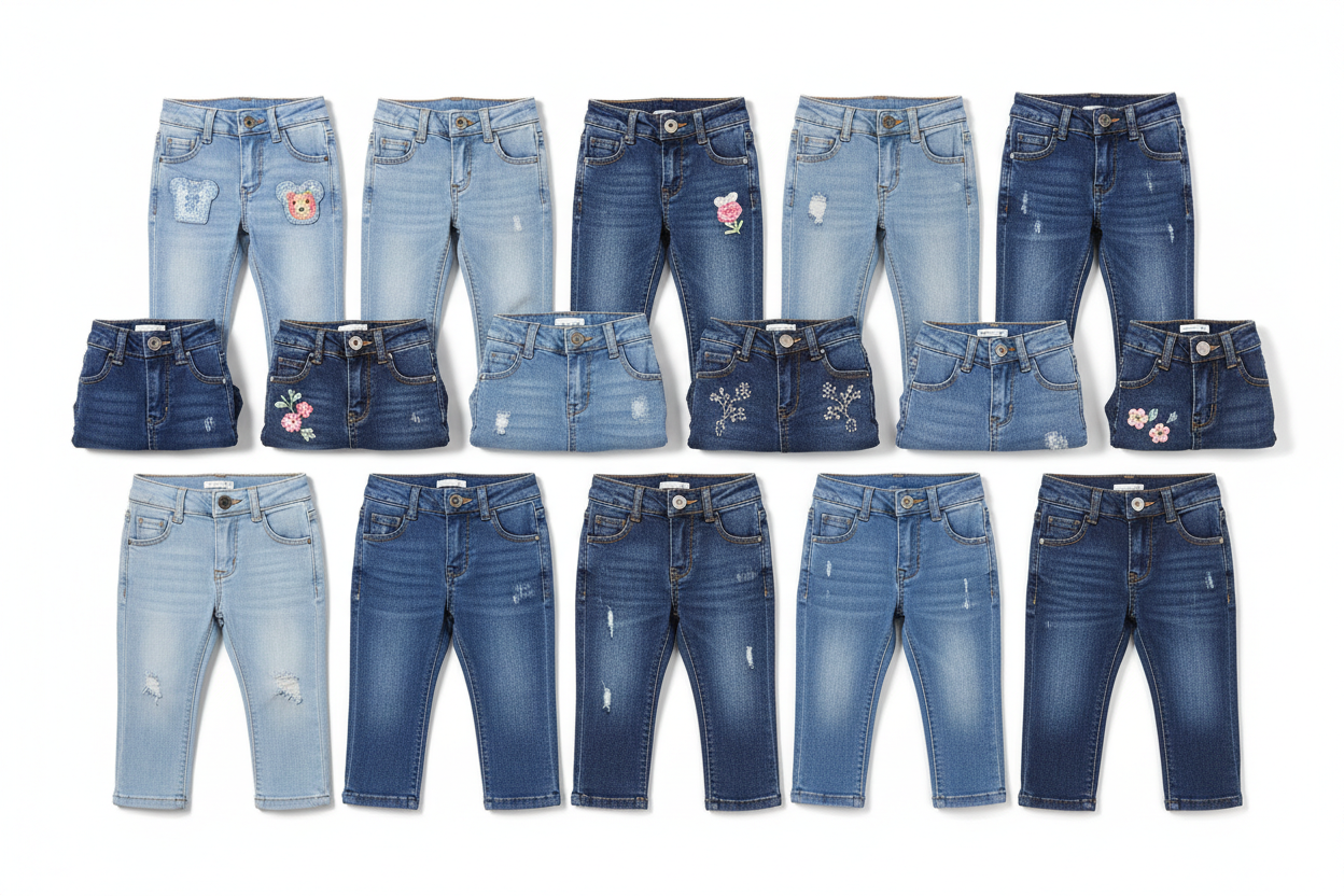 baby jeans in various range with white background in 4k