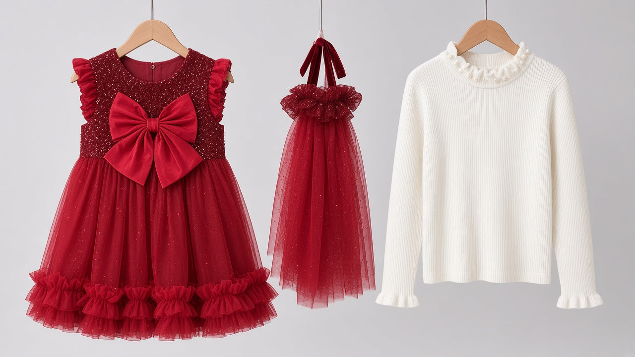 Stylish Kids Three Piece Sequin Tulle Party Dress And Ruffle Top Set