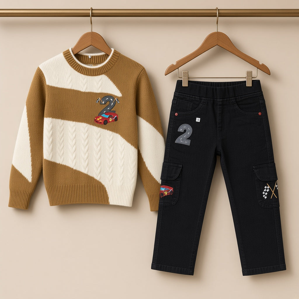 Stylish Kids Two Piece Racing Car Knit Sweater And Cargo Pants Set