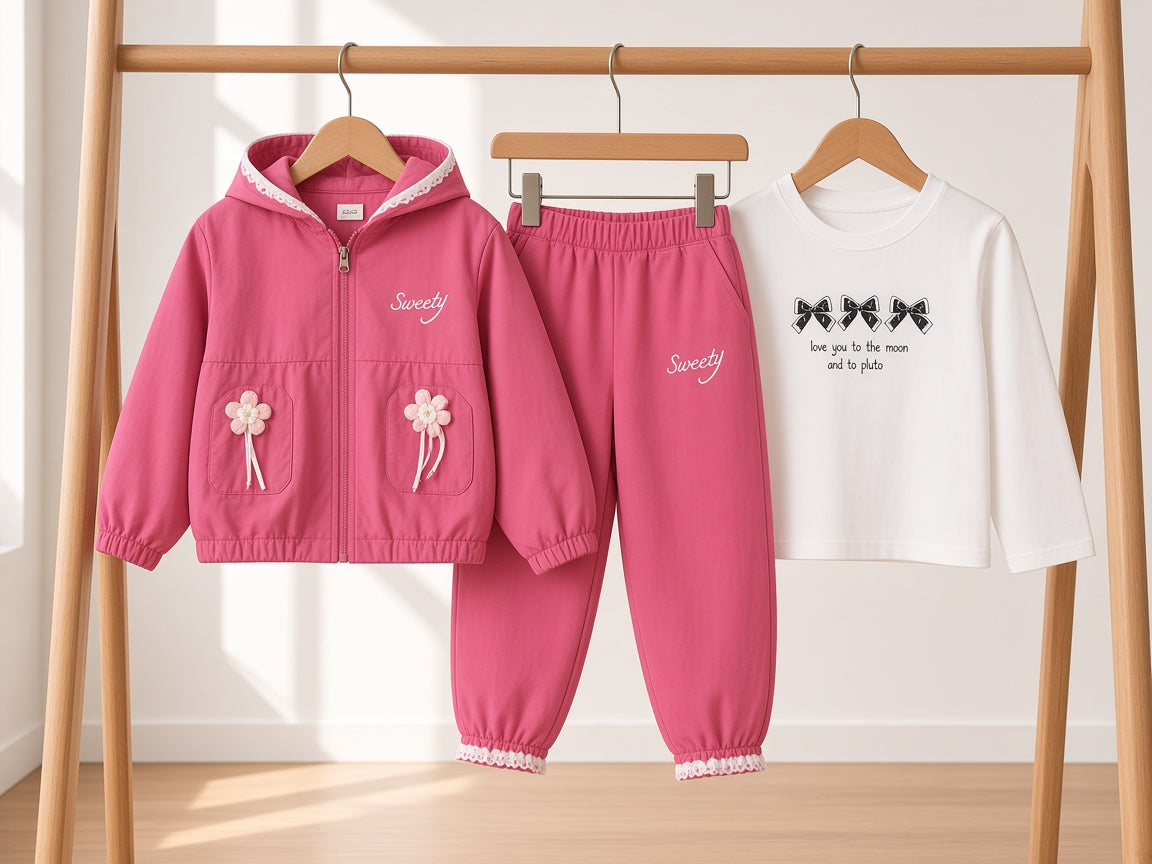 Girls Winter 3 Piece Tracksuit Set With Hooded Jacket Shirt And Trousers