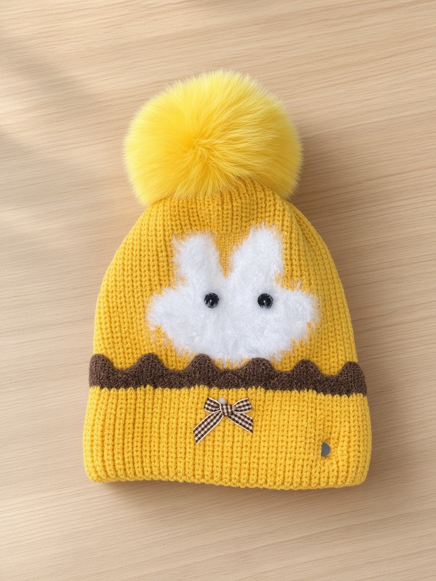 Kids Winter Knit Pom Pom Beanie Hat With Fluffy Bunny Applique And Bow