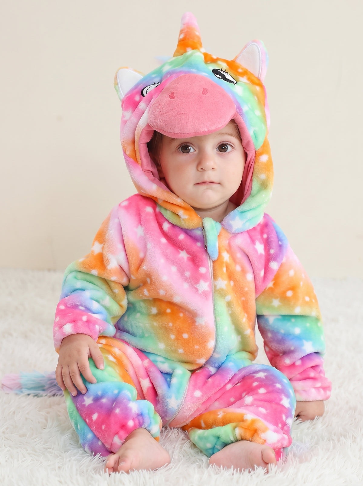 Cozy Plush Starry Rainbow Unicorn Baby Romper Hooded Galaxy Animal Costume Cute Infant