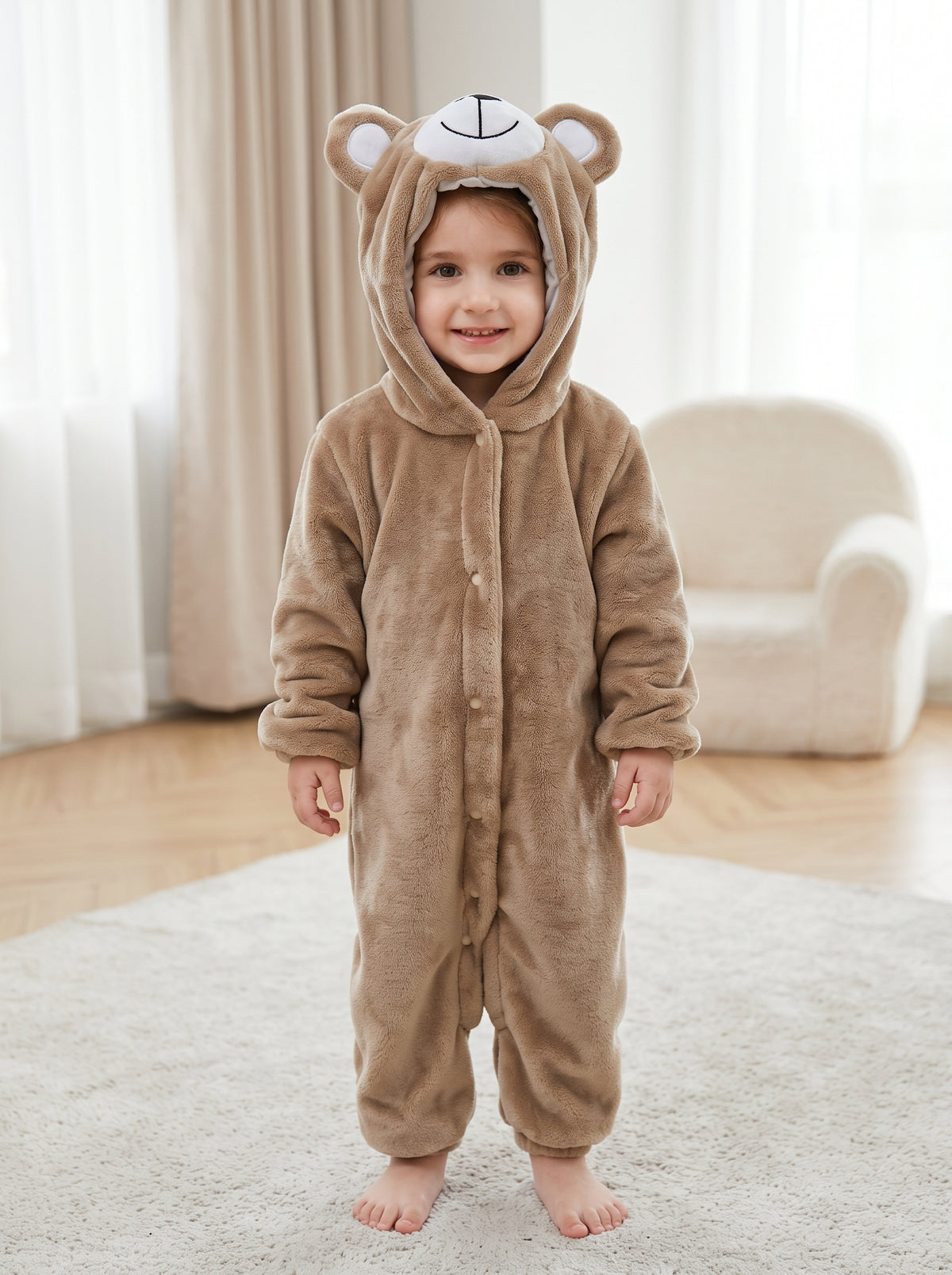 Cozy Plush Brown Teddy Bear Baby Romper Hooded Animal Costume Cute Soft Infant