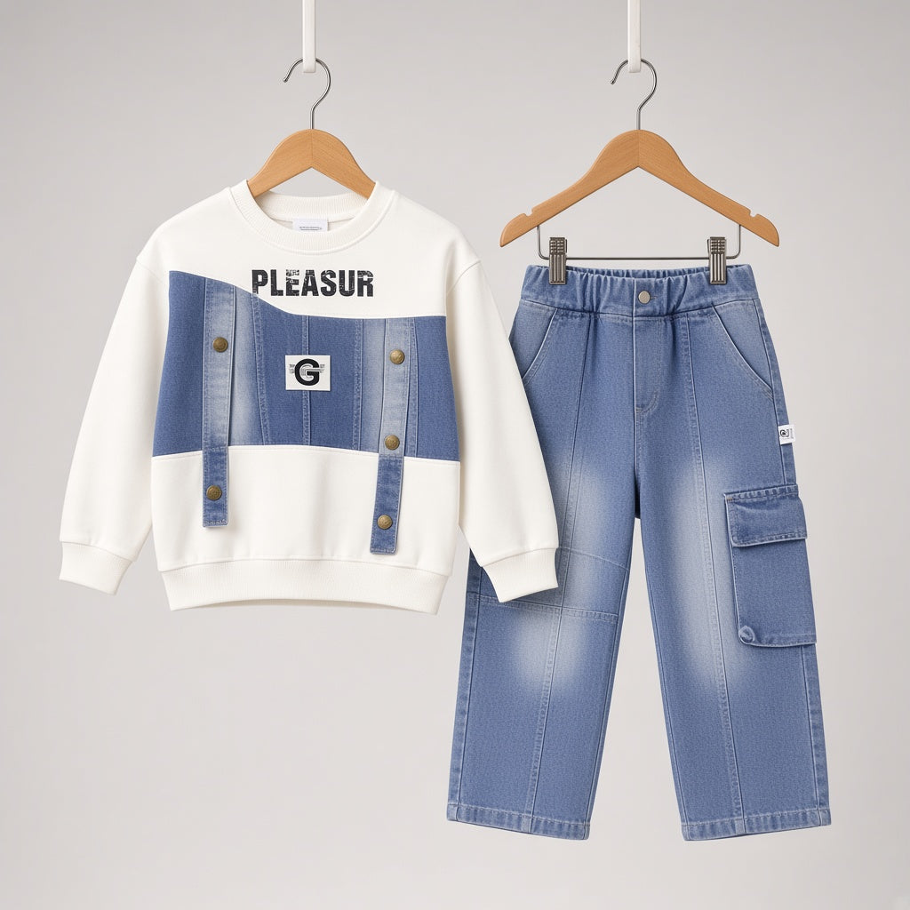 Boys Winter 2-Piece Denim Patchwork Sweatshirt and Cargo Jeans Stylish Outfit Set
