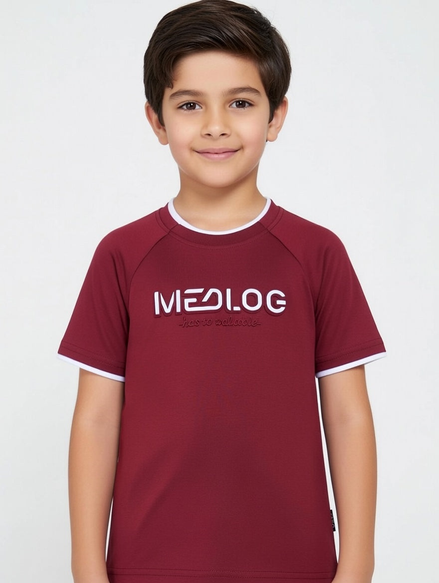 Premium Kids Raglan Tee: Stylish MEDLOG Embossed Cotton T-Shirt for Boys – Multi-Color