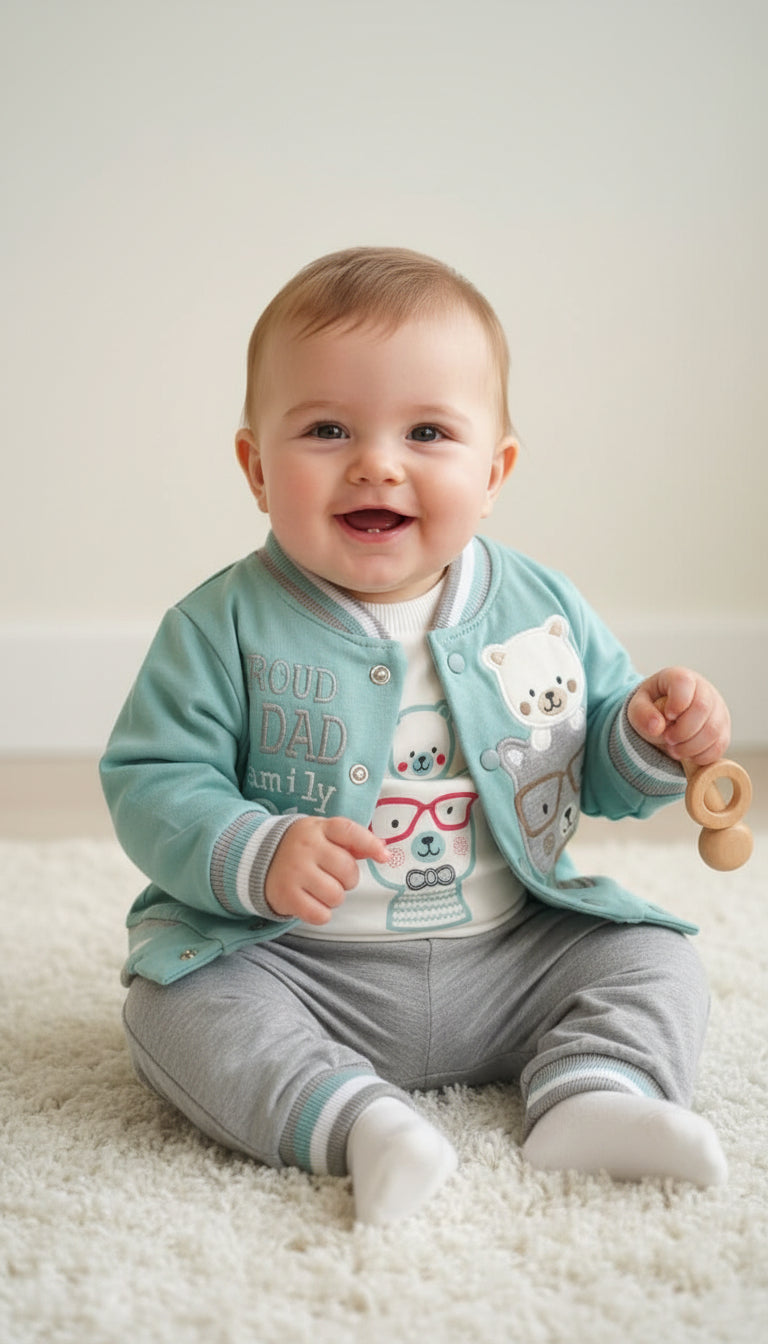 Turkey Imported Baby 2-Piece Set (0–12 Months) | Bodysuit + Trouser | Teddy Bear Proud Dad Design