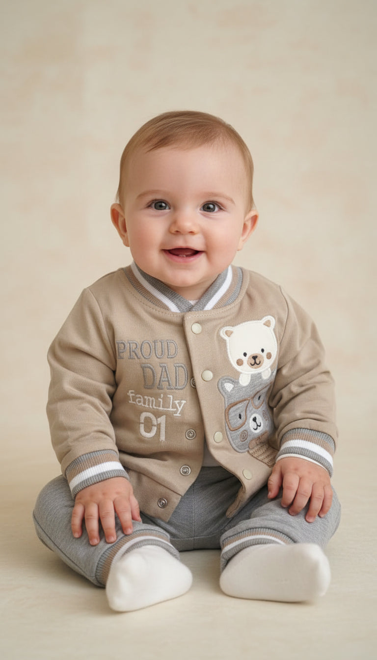 Turkey Imported Baby 2-Piece Set (0–12 Months) | Bodysuit + Trouser | Teddy Bear Proud Dad Design