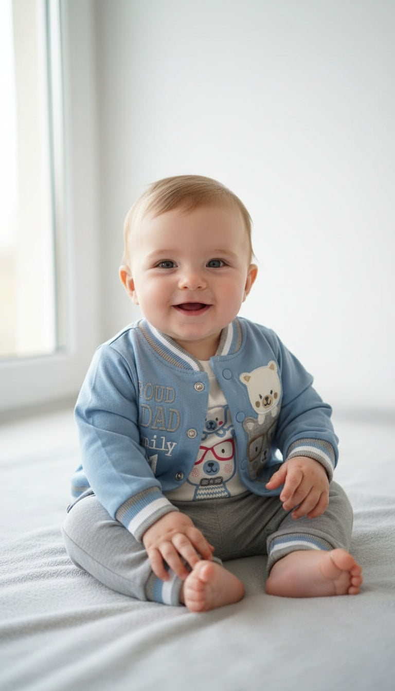 Turkey Imported Baby 2-Piece Set (0–12 Months) | Bodysuit + Trouser | Teddy Bear Proud Dad Design