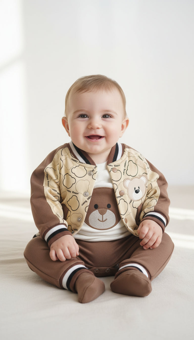 Turkey Imported Baby 3-Piece Set (0–9 Months) | Upper with Bear + Bodysuit + Trouser