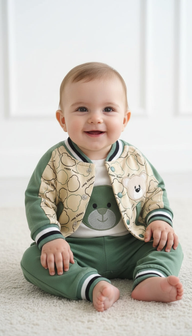 Turkey Imported Baby 3-Piece Set (0–9 Months) | Upper with Bear + Bodysuit + Trouser