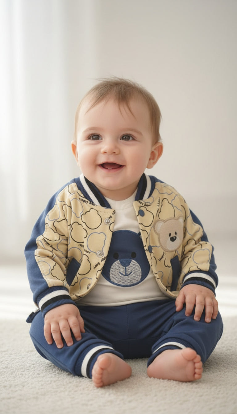 Turkey Imported Baby 3-Piece Set (0–9 Months) | Upper with Bear + Bodysuit + Trouser