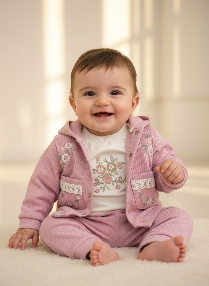 Turkey Imported Baby Girl 3-Piece Hooded Set (0–12 Months) | Embroidered Hoodie + Bodysuit + Trouser | 2-Pocket Style