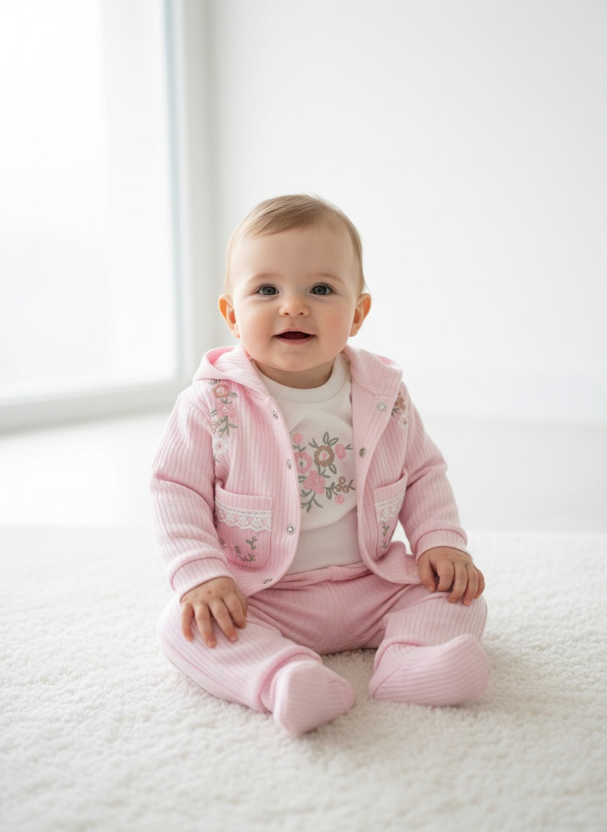 Turkey Imported Baby Girl 3-Piece Hooded Set (0–12 Months) | Embroidered Hoodie + Bodysuit + Trouser | 2-Pocket Style