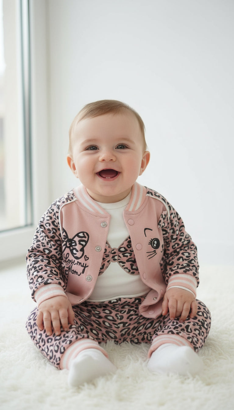 Turkey Imported Baby Girl 3-Piece Set – Cat with Bow & ‘Love My Mom’ Design (0–9 Months)