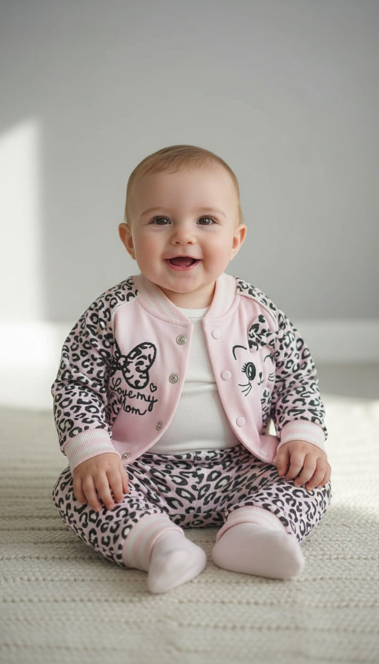 Turkey Imported Baby Girl 3-Piece Set – Cat with Bow & ‘Love My Mom’ Design (0–9 Months)