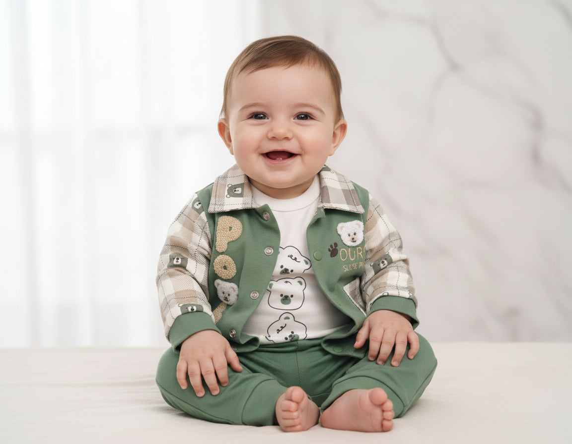 Turkey Imported Baby 3-Piece Set – Bear Design with 1 Pocket (0–12 Months)