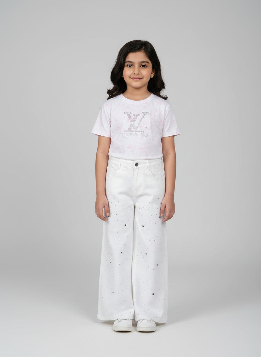 Louis Vuitton Inspired Kids Pink Tie-Dye T-Shirt and Heart Pattern Wide Leg Pants Set