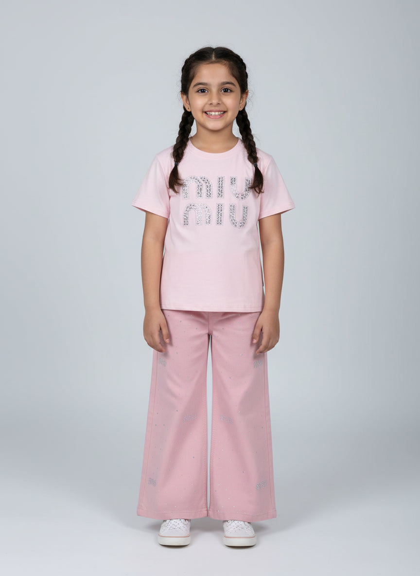 Miu Miu Inspired Kids Premium White Cotton T-Shirt and Matching Wide Leg Pants Set