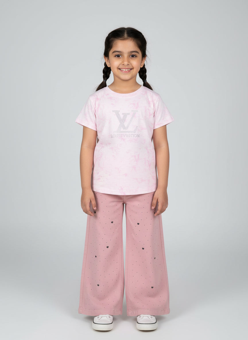 Louis Vuitton Inspired Kids Pink Tie-Dye T-Shirt and Heart Pattern Wide Leg Pants Set