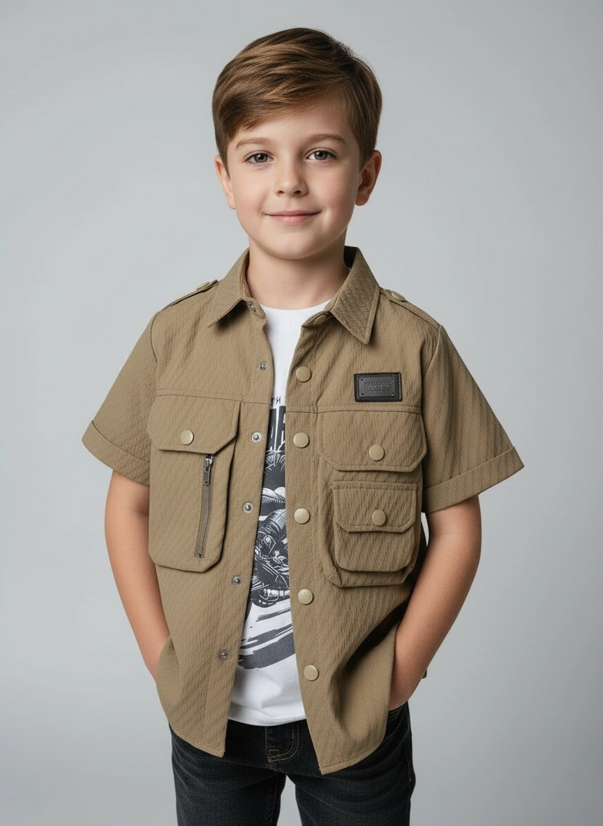 Boys Stylish Two Piece Utility Set Featuring Sleeve Button Down Shirt And T-Shirt