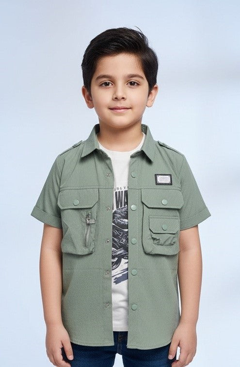 Boys Stylish Two Piece Utility Set Featuring Sleeve Button Down Shirt And T-Shirt