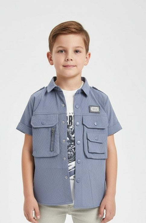 Boys Stylish Two Piece Utility Set Featuring Sleeve Button Down Shirt And T-Shirt
