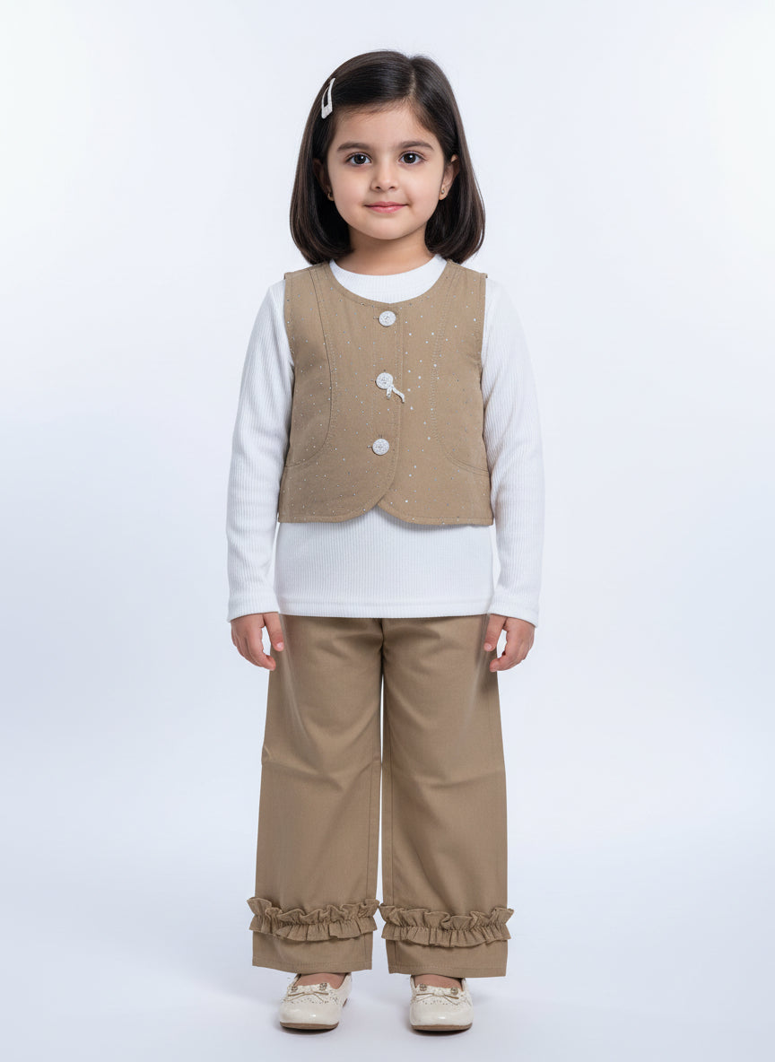 Girls Three Piece Formal Vest Set Long Sleeve Ribbed Top and Ruffled Hem Trousers