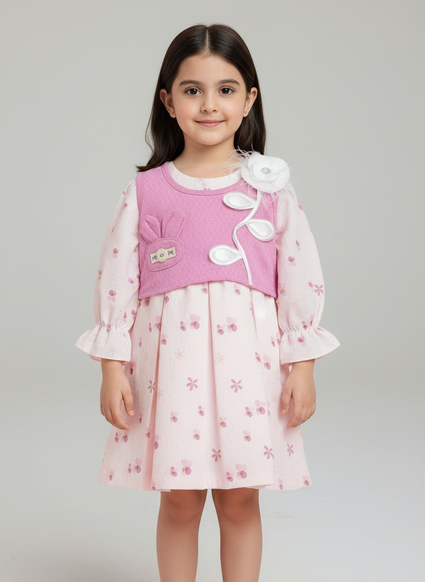 Adorable Girls Floral Print Pink Dress With Stylish Purple Waistcoat And 3D Flower Accents