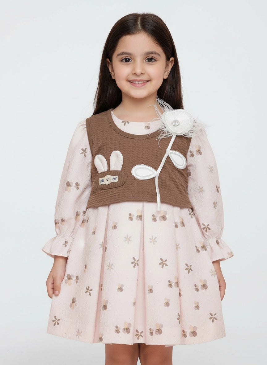 Adorable Girls Floral Print Pink Dress With Stylish Purple Waistcoat And 3D Flower Accents
